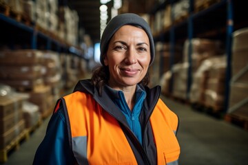 Fototapeta premium Portrait of a smiling middle aged female warehouse worker