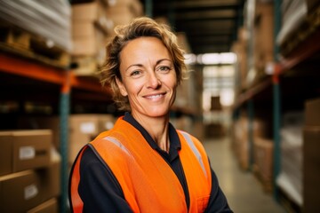 Portrait of a smiling middle aged female warehouse worker
