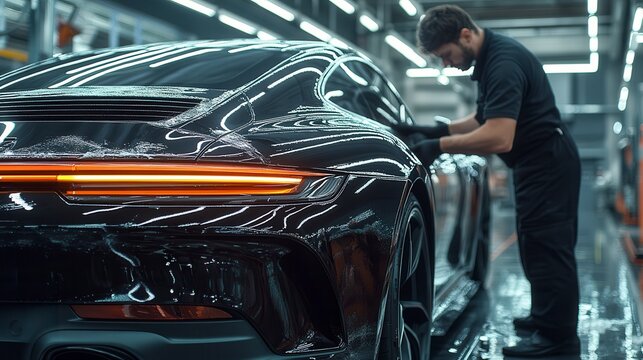 Professional car mechanic polishing black sportscar in a modern workshop