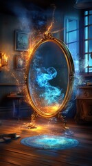 Cartoon haunted mirror with ghostly reflection, eerie mansion setting