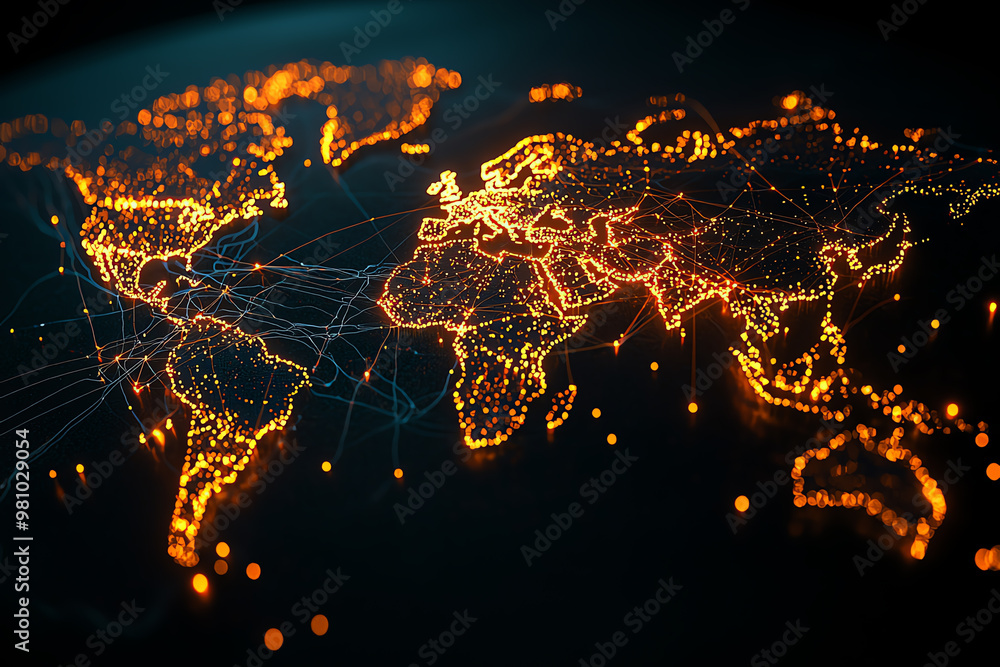 Poster a vibrant digital map of the world illuminated with glowing connections, symbolizing global networki