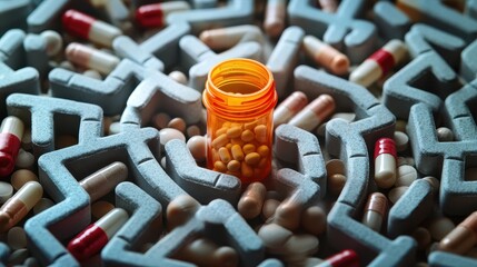 A bottle of pills is in the middle of a maze of pills