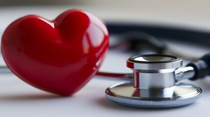 Red heart and stethoscope on desk for medical checkup and healthcare concept
