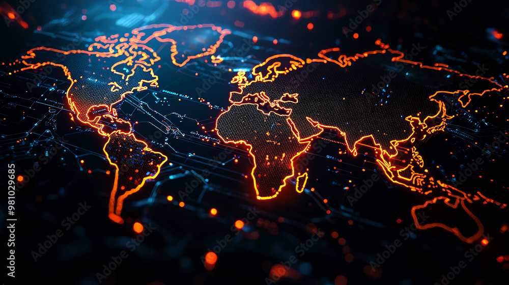 Poster vibrant digital world map with glowing lines and nodes, representing global connectivity and modern 