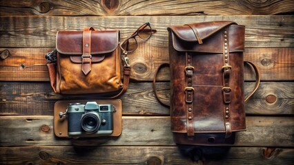 Rugged backpack, worn leather passport holder, vintage camera, and adventure essentials artfully arranged on a distressed wooden plank, evoking a sense of wanderlust.
