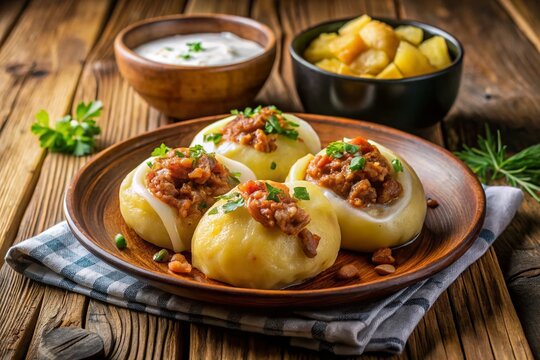 Traditional Polish dish pyzy filled with meat and potatoes, served with fried onions and sour cream, on a