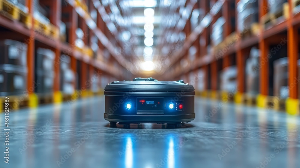 Poster predictive maintenance robot operating in a warehouse during daytime, monitoring equipment functions