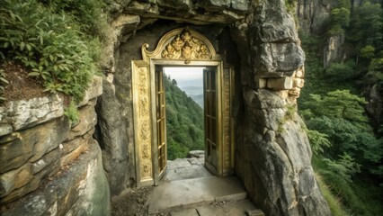 Golden Doorway Leading to a Mountainous Landscape