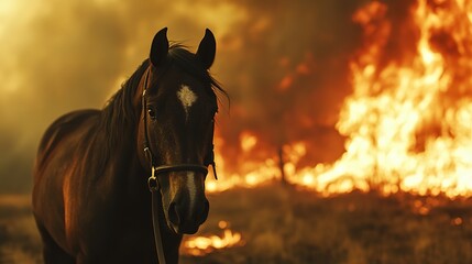 Horse in front of wildfire, evoking urgency and survival.