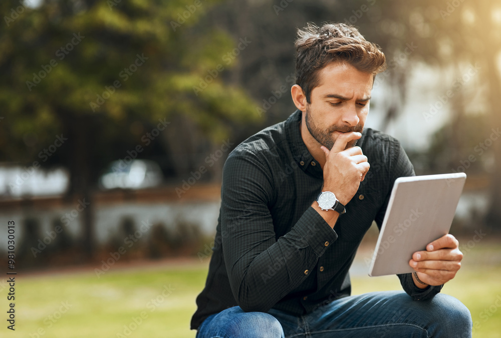 Poster thinking, tablet and relax with man in park for communication, social media and connection. reading,