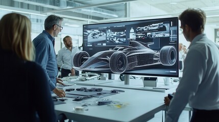 Obraz premium Automotive engineers designing wireframe model of a formula one car on computer