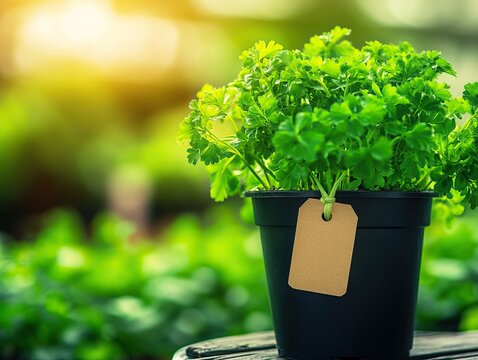 Fototapeta Lush green plant in black pot with tag. Perfect for showcasing gardening, home decor, and nature themes.