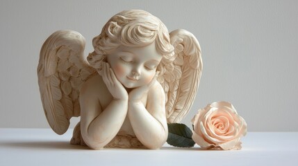 A small sleeping angel sculpture with hands folded in prayer, with a single pink rose beside it, against a clean, light-colored background.