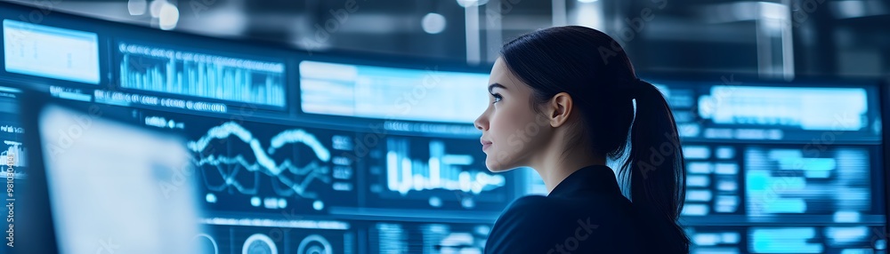 Poster a focused woman analyzing data on multiple screens in a modern workspace, showcasing technology and 
