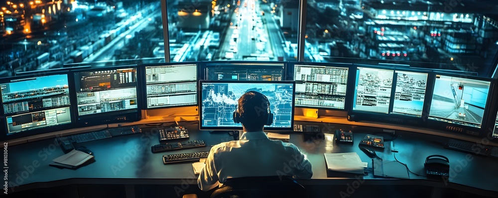 Aufkleber a focused operator monitors multiple screens displaying city traffic and data, highlighting the impo