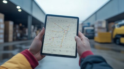 Delivery man using gps app for truck transportation on tablet in logistics center