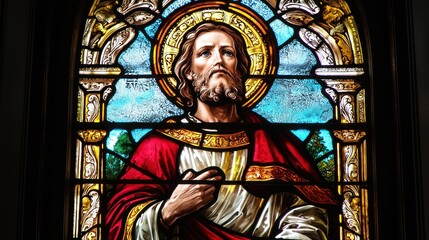 Obraz premium A stained glass window depicting a Catholic saint.