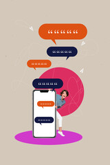 Vertical poster collage young cheerful woman hide smartphone digital device app communication...