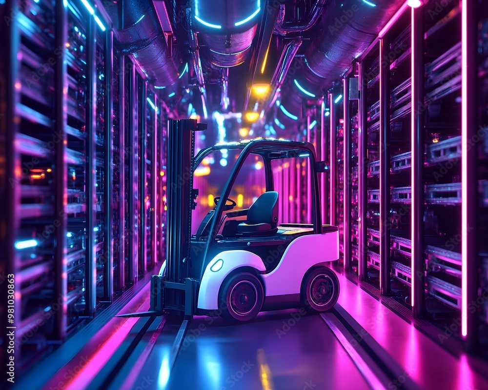 Poster a modern forklift in a colorful data center illuminated with neon lights, showcasing advanced techno