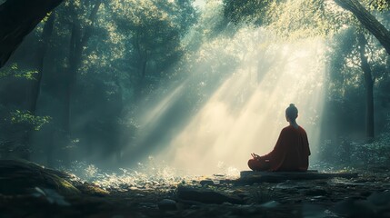Fototapeta premium Woman meditating in lotus position in the forest at sunrise with sun rays