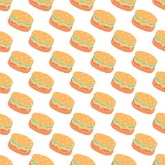 Seamless burger pattern. Drawn hamburger background. Doodle hand drawn hamburger illustration