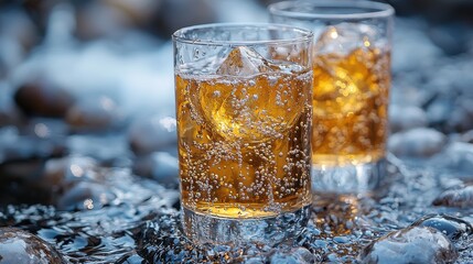 Refreshing cocktails with ice bubbles resting on smooth stones in a serene stream during a sunny afternoon