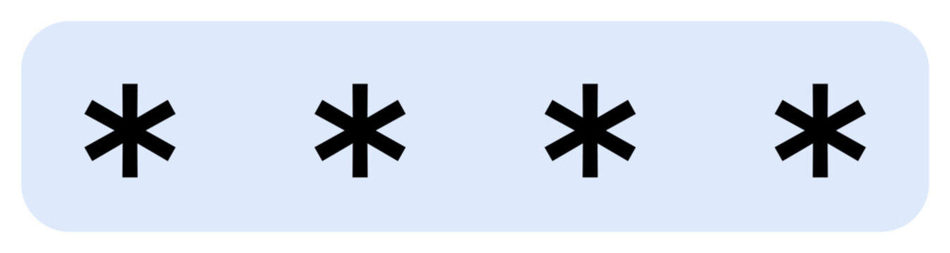 Four black asterisks are evenly spaced inside a rounded blue rectangle. Ideal for digital security, password representation, login interfaces, data protection, cryptographic themes. Simple and modern