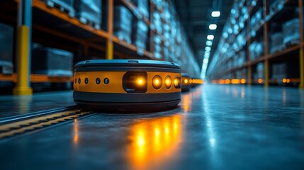 Robotic delivery unit navigating a modern warehouse environment at night