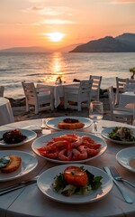 Fototapeta premium Mediterranean Seafood Feast Featuring Shrimp, Appetizers, and Salads on Table in Aegean Style Beach Restaurant, Capturing Greek or Turkish Culinary Experience in Coastal Setting