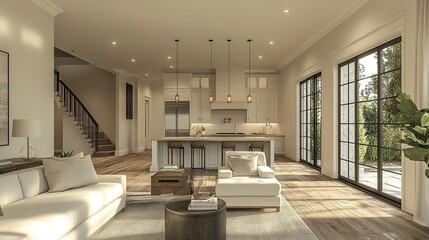 Modern living room interior featuring stylish furniture, bright lighting, and an inviting atmosphere perfect for relaxation.