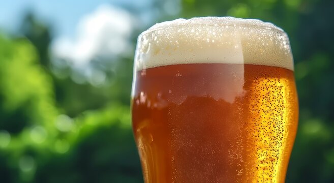 Close-up of a frothy beer glass against a vibrant green background.