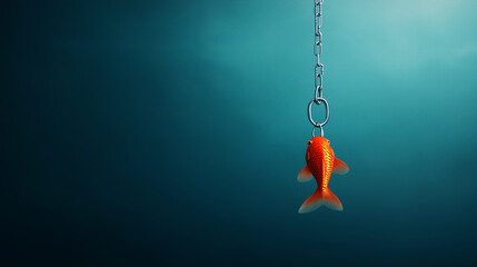 A vibrant orange fish is suspended from metal chain against serene blue background, creating striking visual contrast.