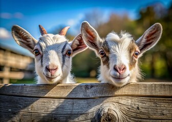 Fototapeta premium Two tiny pygmy goats with fluffy coats and curious eyes peek out from behind a weathered wooden fence