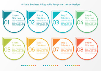 8 steps business infographic template, theme of colorful teardrop shapes with number and text frame