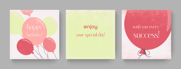 Set of square happy birthday cards with balloons in pastel soft colors with abstract elements, with confetti and text. It can be used as a background without text. Vector illustration.
