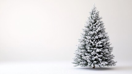 A beautifully frosted Christmas tree stands elegantly against a white background, evoking a serene holiday atmosphere.