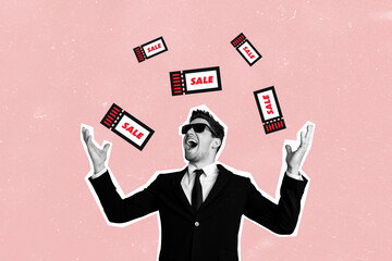 Composite photo collage of happy man wear suit sunglass throw coupon sale promo black friday...