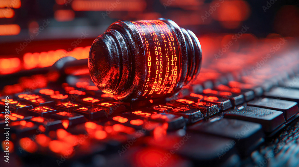 Poster a gavel with binary code symbols, placed on a glowing keyboard, representing cyber law and justice