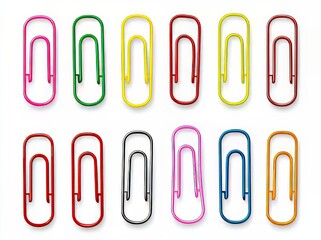 Colorful arrangement of paper clips on a white background.
