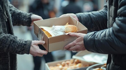 Obraz premium A volunteer giving food to a homeless person.