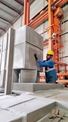 Precision in Precast: A skilled worker meticulously assembles massive concrete blocks, showcasing the industrial might and precision of prefabricated construction.