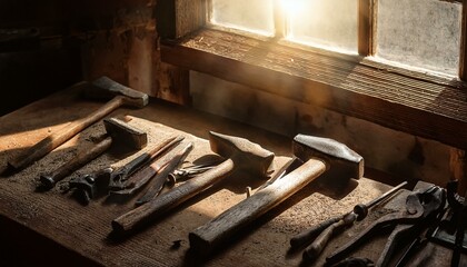 A collection of old, worn-out tools such as hammers, chisels, and pliers, placed on a dusty stone bench in a dimly lit workshop.