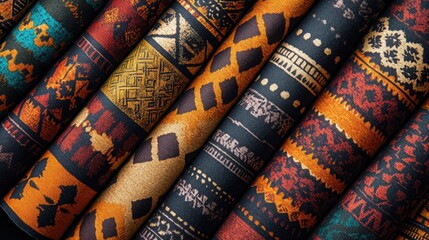 A vibrant tribal fabric pattern with bold geometric shapes and rich earthy tones, neatly displayed on a flat surface.