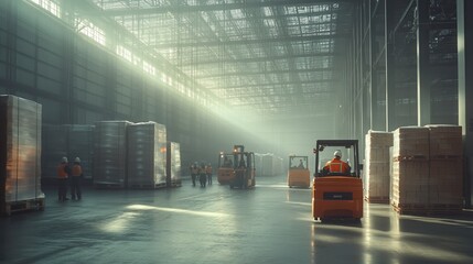 Forklift operators driving through warehouse with goods