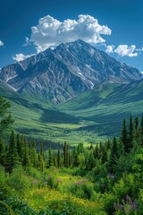 Obraz premium Majestic Mountain Vista: Towering peaks meet vibrant valleys in a breathtaking display of nature's grandeur. 