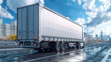 Obraz premium Urban Delivery After the Rain: A white semi-truck navigates a rain-slicked highway, city skyline in the background, embodying the essence of modern logistics and urban supply chains. 