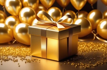Gold Gift Box on the Background of Golden Balloons