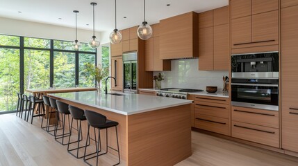 Modern kitchen with wooden cabinetry, large island, and natural light flowing through large windows, creating an inviting atmosphere.