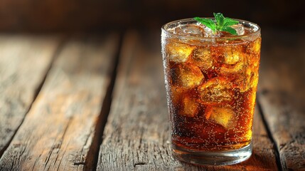 Refreshing beverage served with ice and mint on a rustic wooden table at a cozy cafe in the afternoon sunshine