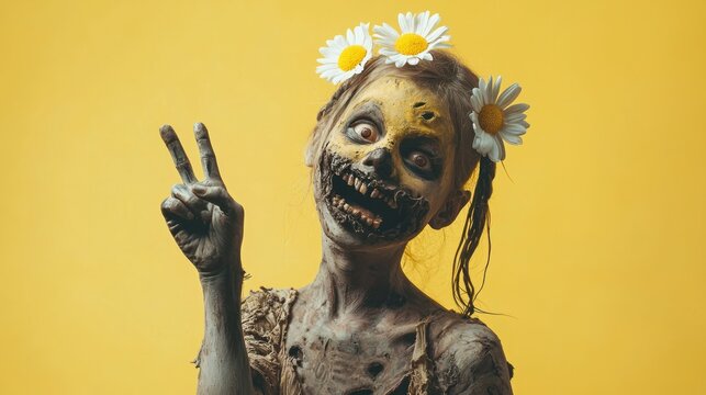 A young zombie with pigtails and a daisy flower crown, playfully making a peace sign with one hand, standing against a yellow backdrop.